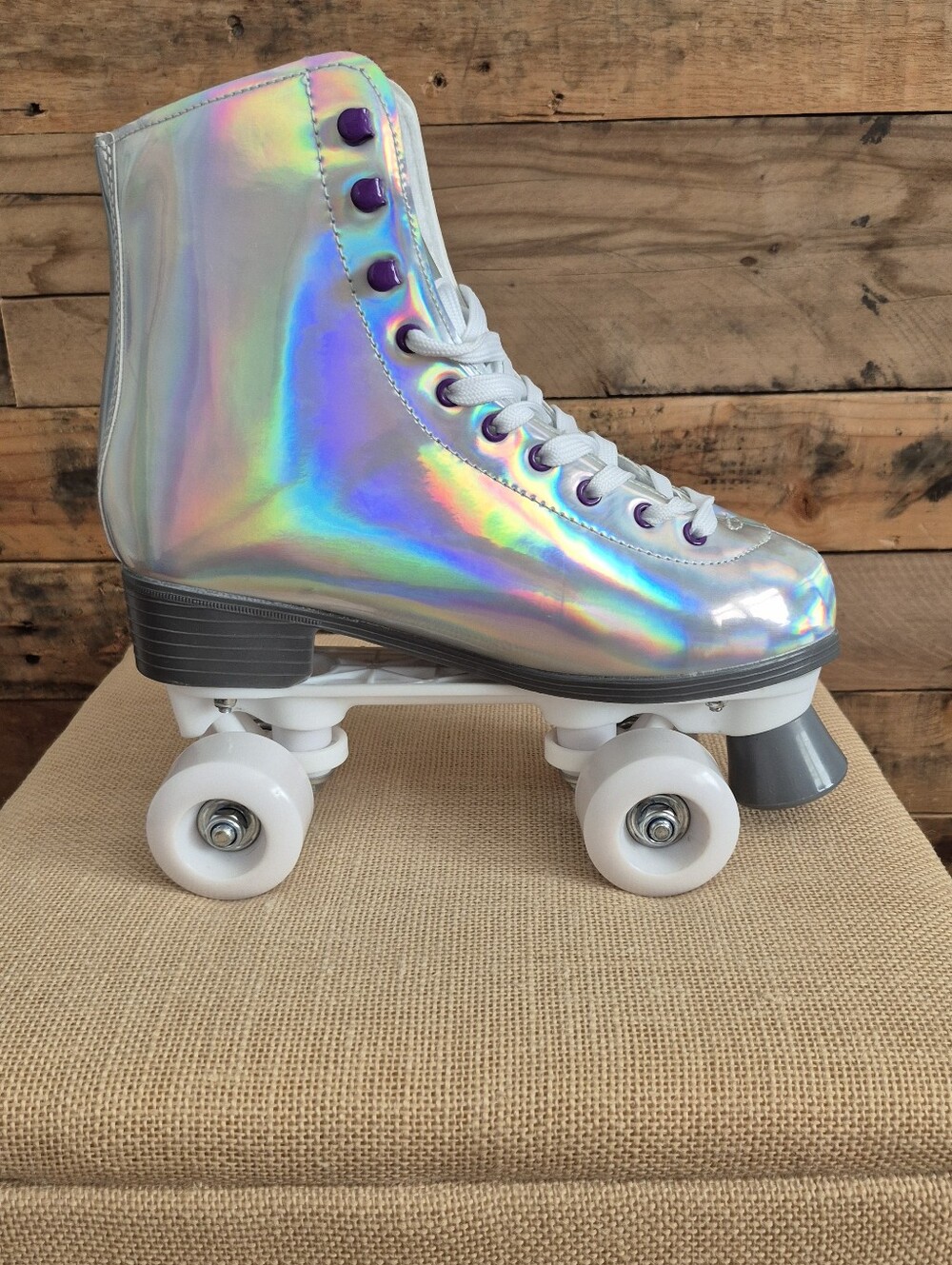 C&C California Iridescent Holographic Roller Skate Boots with Purple Eyelets